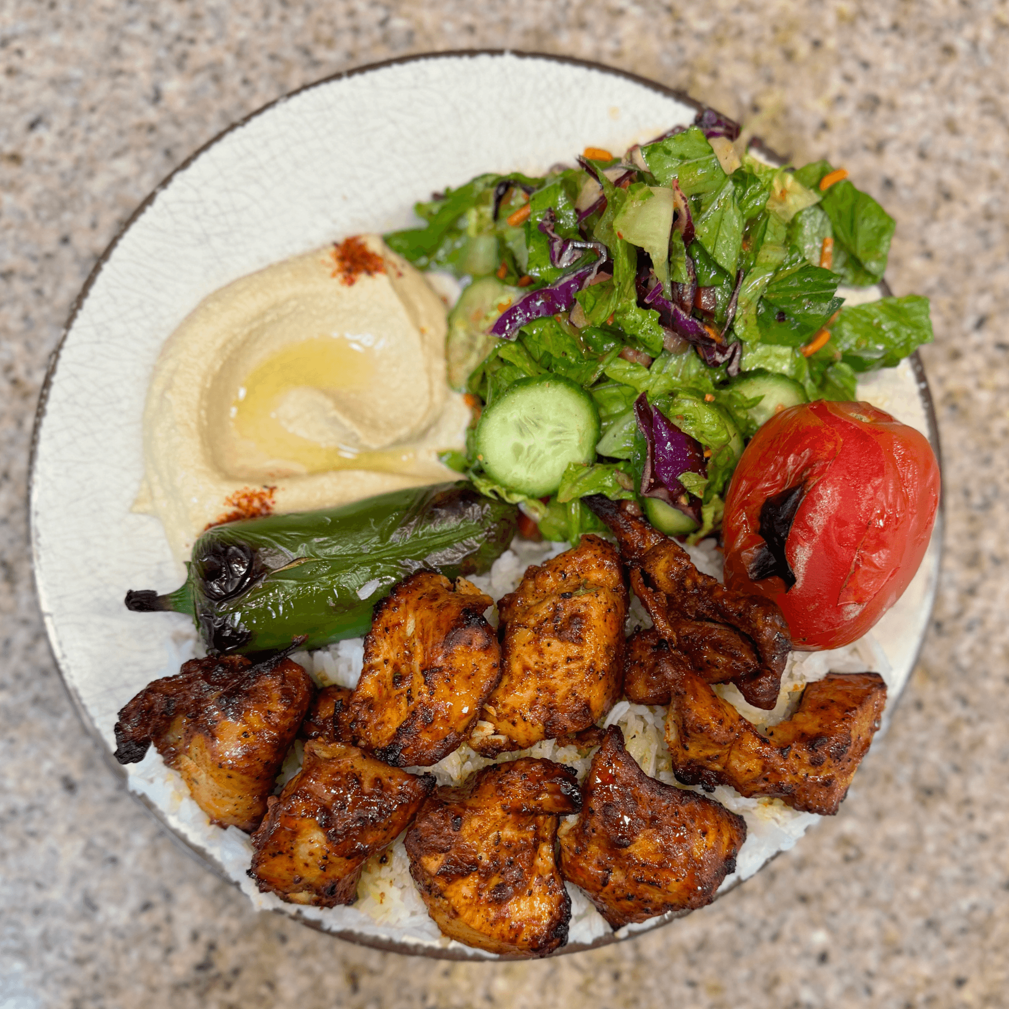 Spicy Chicken Kabob Plate.
